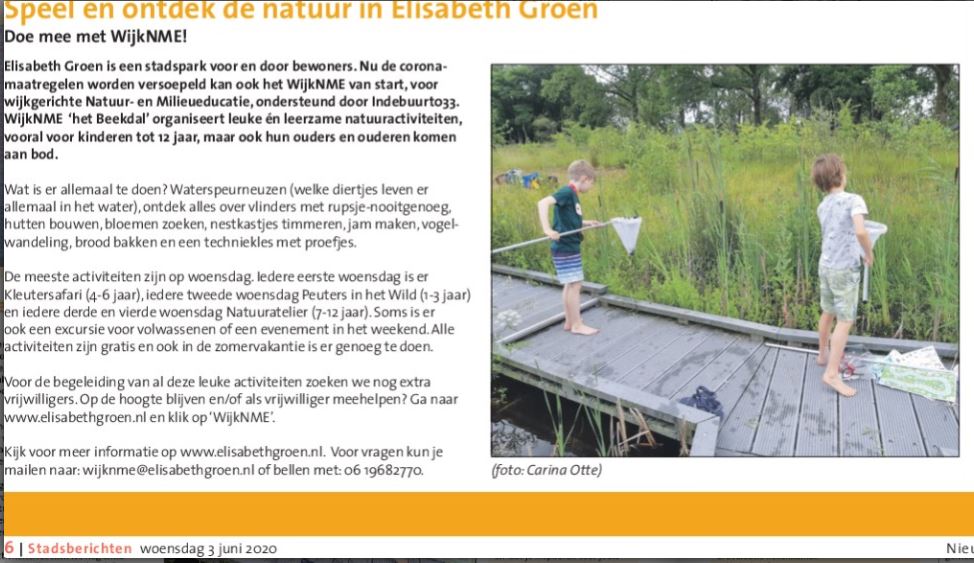 artikel over WijkNE in Stadsberichten Groene Pagina 10 juni 2020